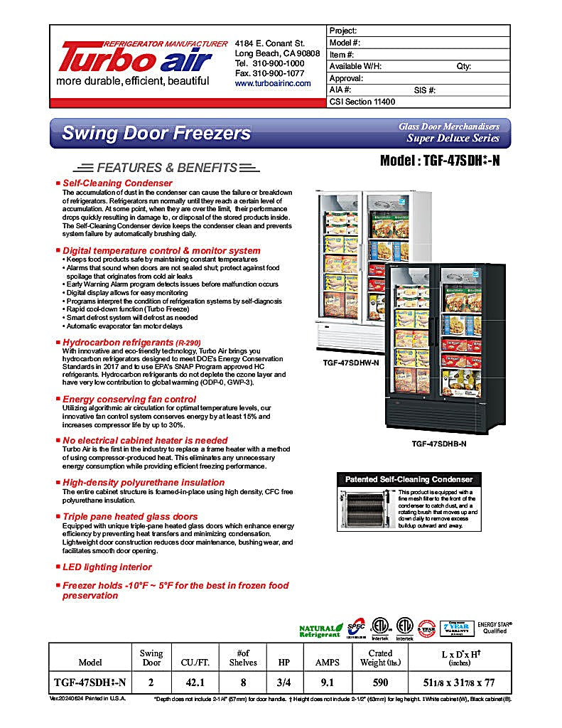 Turbo Air TGF-47SDH-N 51 1/8" White Super Deluxe Two Section Display Freezer w/ Swing Doors – Bottom Mount Compressor, LED Lighting, 115v - Donut-Equipment.com