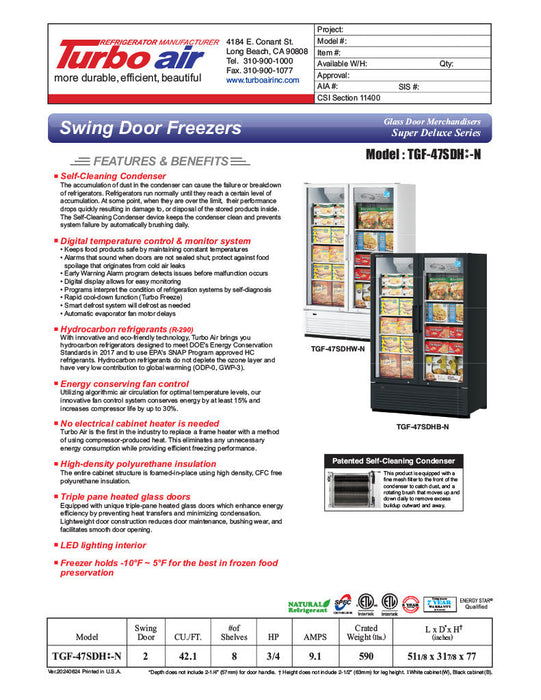 Turbo Air TGF-47SDH-N 51 1/8" White Super Deluxe Two Section Display Freezer w/ Swing Doors – Bottom Mount Compressor, LED Lighting, 115v - Bakery Wholesalers