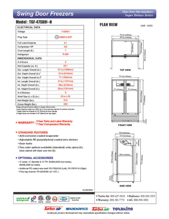 Turbo Air TGF-47SDH-N 51 1/8" White Super Deluxe Two Section Display Freezer w/ Swing Doors – Bottom Mount Compressor, LED Lighting, 115v - Bakery Wholesalers