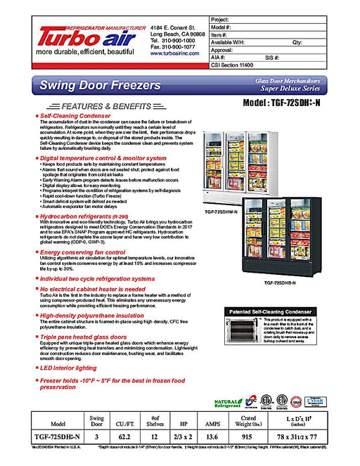 Turbo Air TGF-72SDH-N 78" White Super Deluxe Three Section Display Freezer w/ Swing Doors – Bottom Mount Compressor, LED Lighting, 115v - Donut-Equipment.com