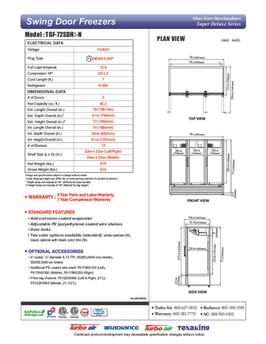 Turbo Air TGF-72SDH-N 78" White Super Deluxe Three Section Display Freezer w/ Swing Doors – Bottom Mount Compressor, LED Lighting, 115v - Bakery Wholesalers