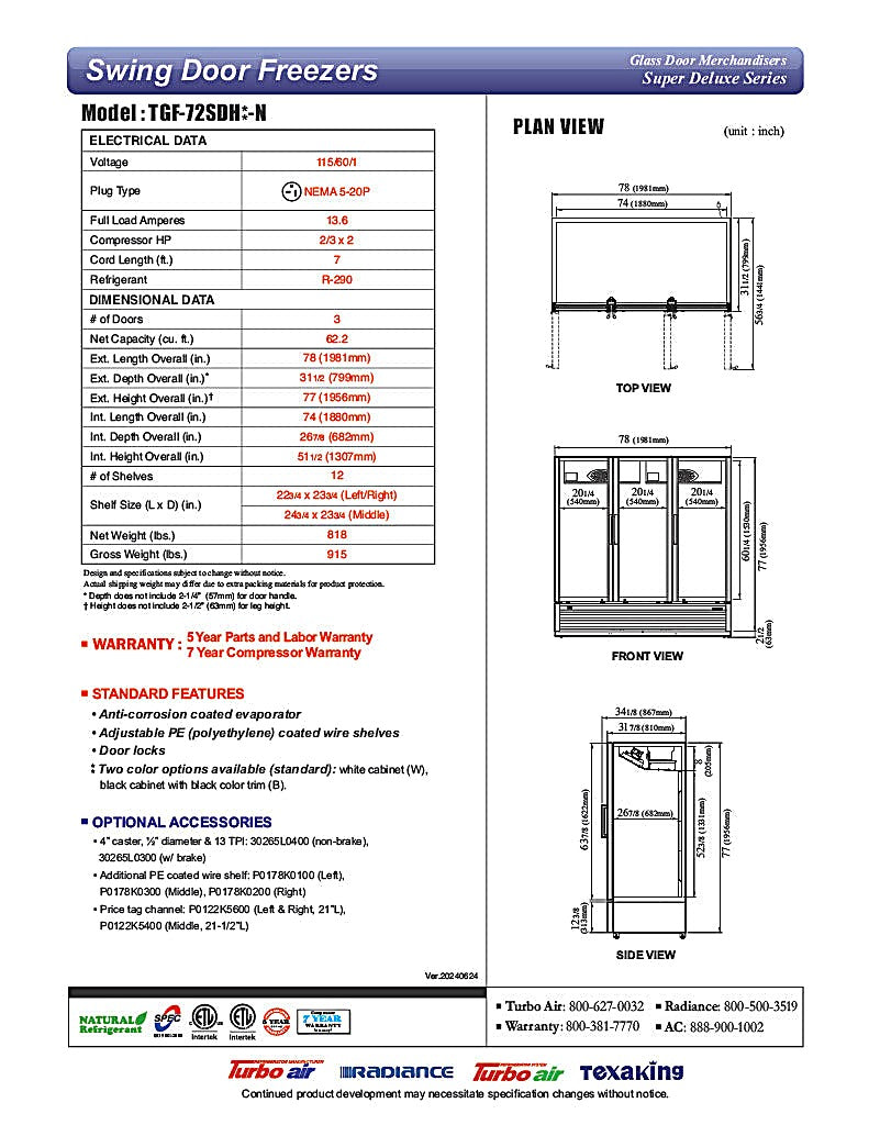 Turbo Air TGF-72SDH-N 78" White Super Deluxe Three Section Display Freezer w/ Swing Doors – Bottom Mount Compressor, LED Lighting, 115v - Donut-Equipment.com
