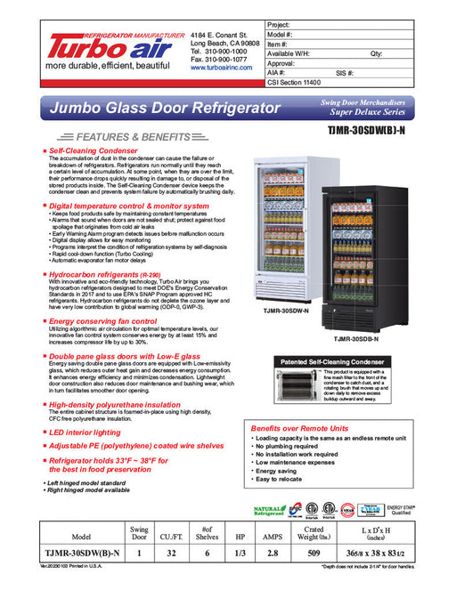 Turbo Air TJMR-30SDB-N 36 5/8" Black Super Deluxe One Section Glass Door Merchandiser, 115v - Bakery Wholesalers