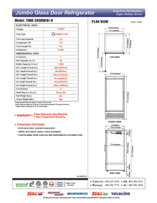 Turbo Air TJMR-30SDW-N 36 5/8" White Super Deluxe One Section Glass Door Merchandiser, 115v - Bakery Wholesalers