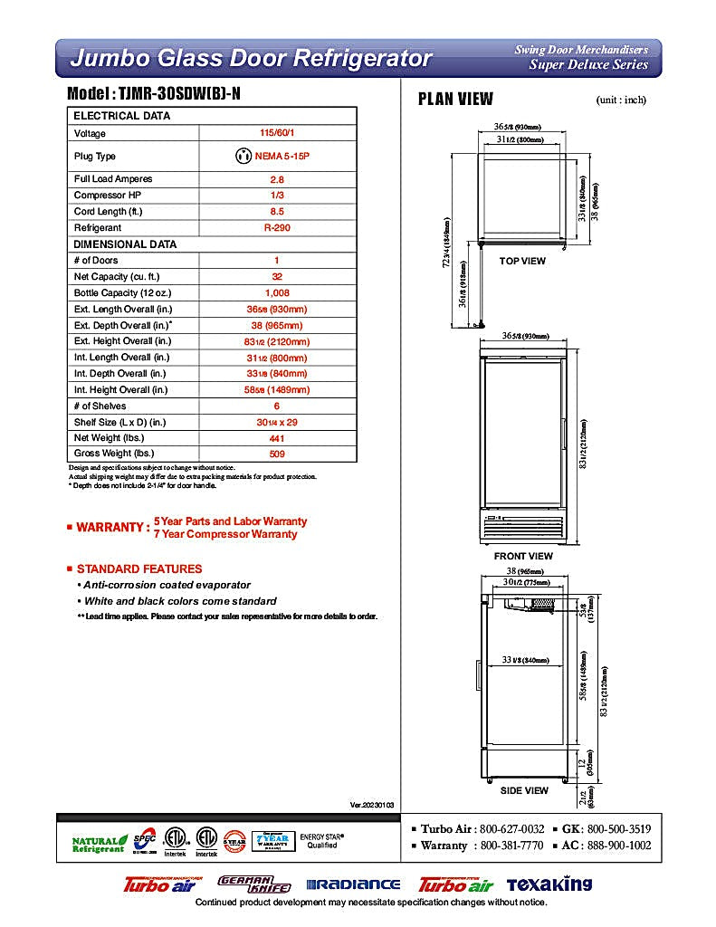 Turbo Air TJMR-30SDB-N 36 5/8" Black Super Deluxe One Section Glass Door Merchandiser, 115v - Donut-Equipment.com
