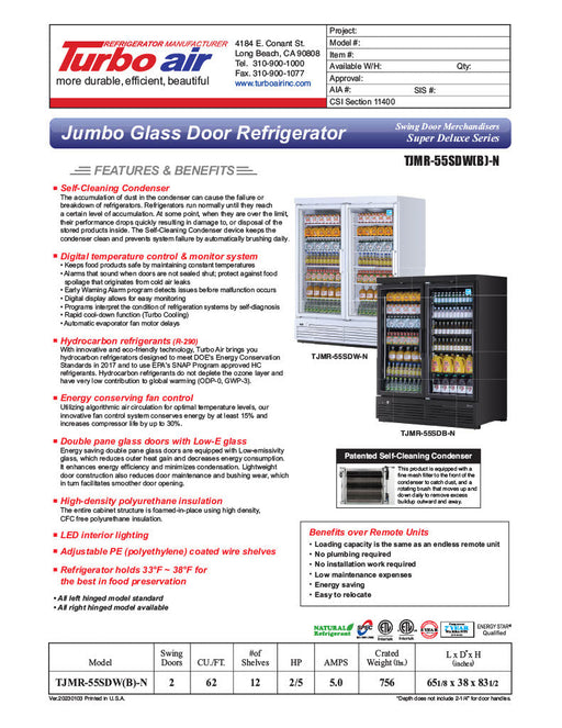 Turbo Air TJMR-55SDW-N 65 1/8" White Super Deluxe Two Section Glass Door Merchandiser – (2) Swing Doors, 115v - Bakery Wholesalers