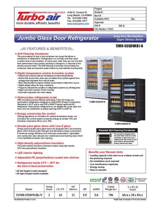Turbo Air TJMR-55SDW-N 65 1/8" White Super Deluxe Two Section Glass Door Merchandiser – (2) Swing Doors, 115v - Bakery Wholesalers