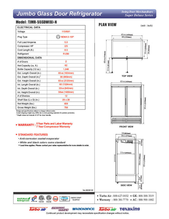 Turbo Air TJMR-55SDB-N 65 1/8" Black Super Deluxe Two Section Glass Door Merchandiser – (2) Swing Doors, 115v - Bakery Wholesalers