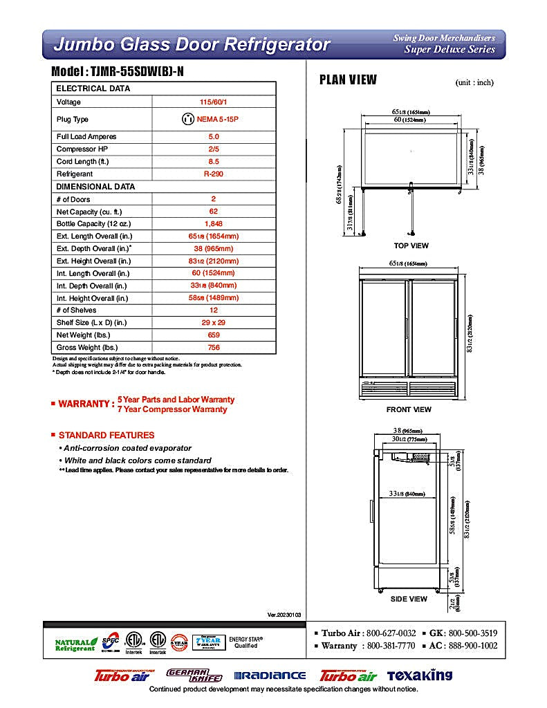Turbo Air TJMR-55SDW-N 65 1/8" White Super Deluxe Two Section Glass Door Merchandiser – (2) Swing Doors, 115v - Donut-Equipment.com