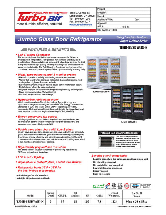 Turbo Air TJMR-85SDB-N 97 1/2" Black Super Deluxe Three Section Glass Door Merchandiser – (3) Swing Doors, 115v - Donut-Equipment.com