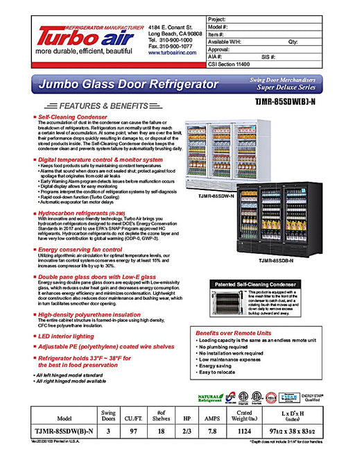Turbo Air TJMR-85SDB-N 97 1/2" Black Super Deluxe Three Section Glass Door Merchandiser – (3) Swing Doors, 115v - Donut-Equipment.com