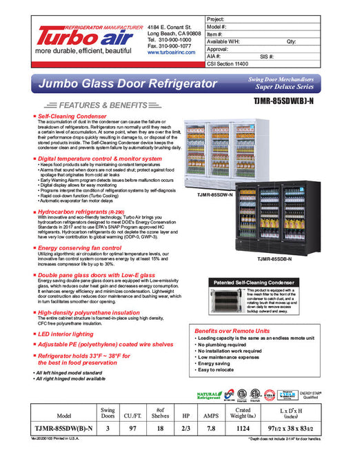 Turbo Air TJMR-85SDB-N 97 1/2" Black Super Deluxe Three Section Glass Door Merchandiser – (3) Swing Doors, 115v - Bakery Wholesalers