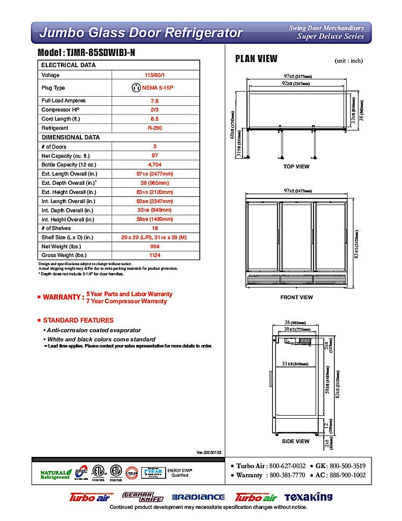 Turbo Air TJMR-85SDB-N 97 1/2" Black Super Deluxe Three Section Glass Door Merchandiser – (3) Swing Doors, 115v - Donut-Equipment.com