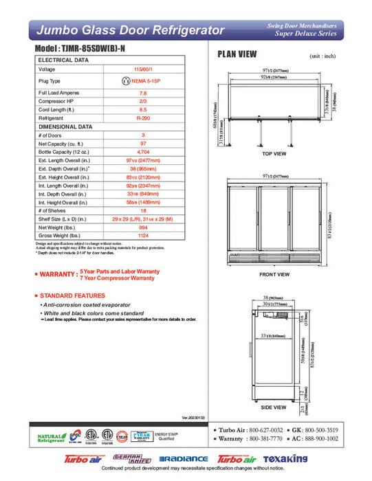 Turbo Air TJMR-85SDW-N 97 1/2" White Super Deluxe Three Section Glass Door Merchandiser – (3) Swing Doors, 115v - Bakery Wholesalers