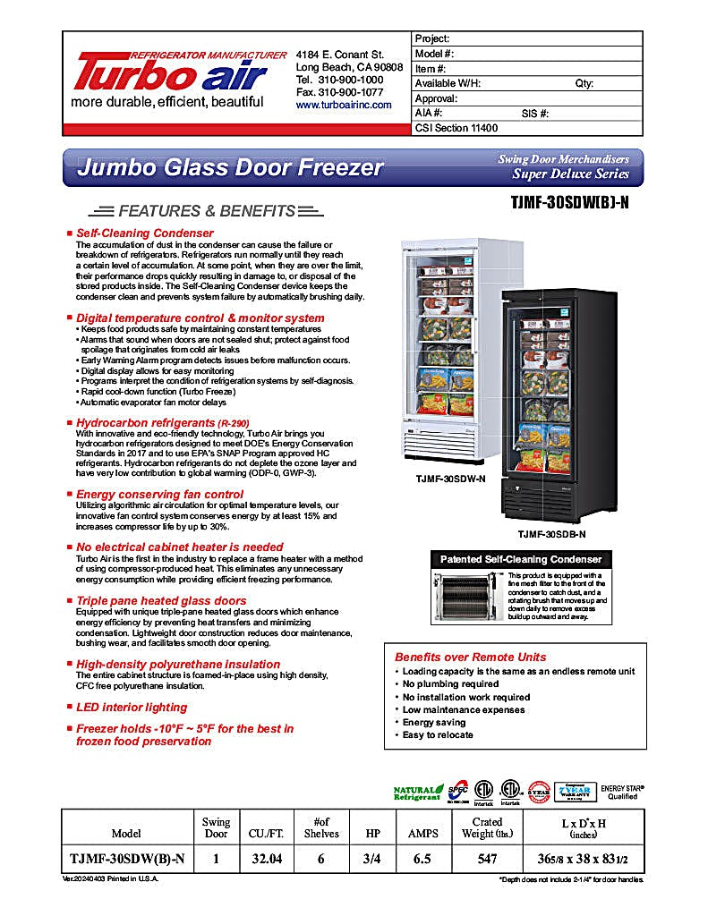 Turbo Air TJMF-30SDB-N 36 5/8" Black Super Deluxe One Section Glass Door Display Freezer – (1) Swing Door, 115v - Donut-Equipment.com