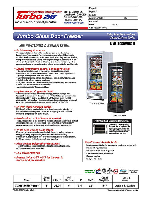 Turbo Air TJMF-30SDB-N 36 5/8" Black Super Deluxe One Section Glass Door Display Freezer – (1) Swing Door, 115v - Donut-Equipment.com