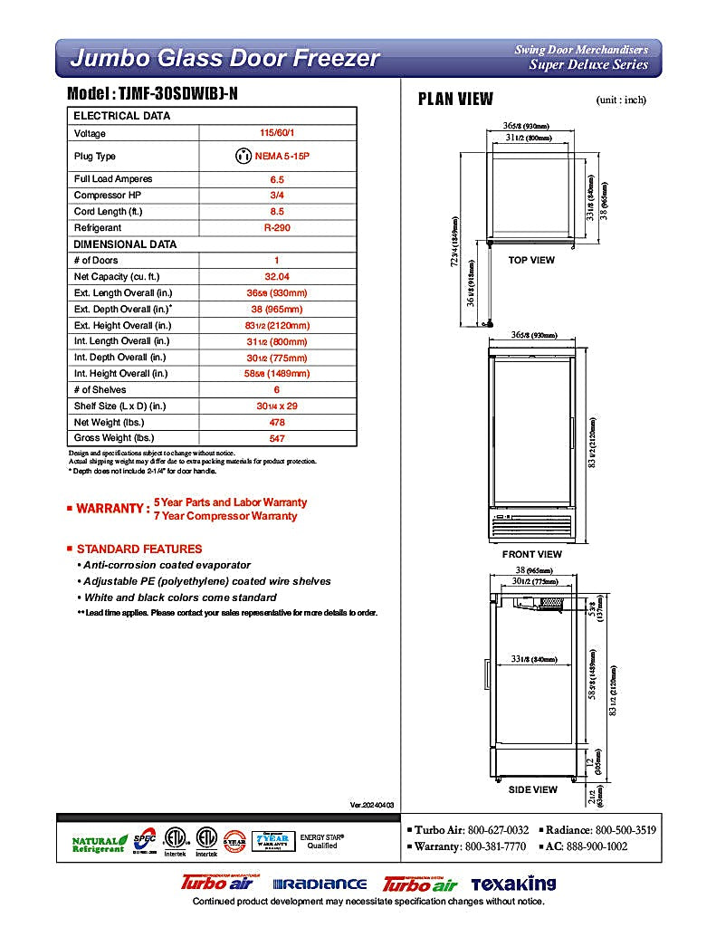 Turbo Air TJMF-30SDB-N 36 5/8" Black Super Deluxe One Section Glass Door Display Freezer – (1) Swing Door, 115v - Donut-Equipment.com