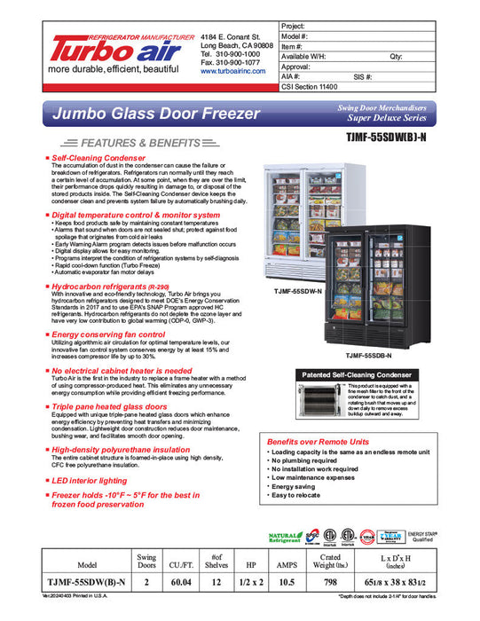 Turbo Air TJMF-55SDB-N 65" Black Super Deluxe Two Section Glass Door Display Freezer – (2) Swing Doors, 115v - Bakery Wholesalers