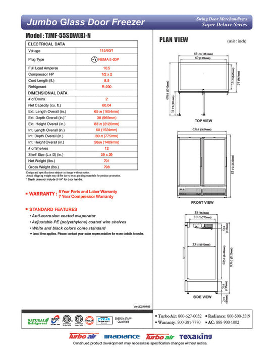 Turbo Air TJMF-55SDW-N 65" White Super Deluxe Two Section Glass Door Display Freezer – (2) Swing Doors, 115v - Bakery Wholesalers
