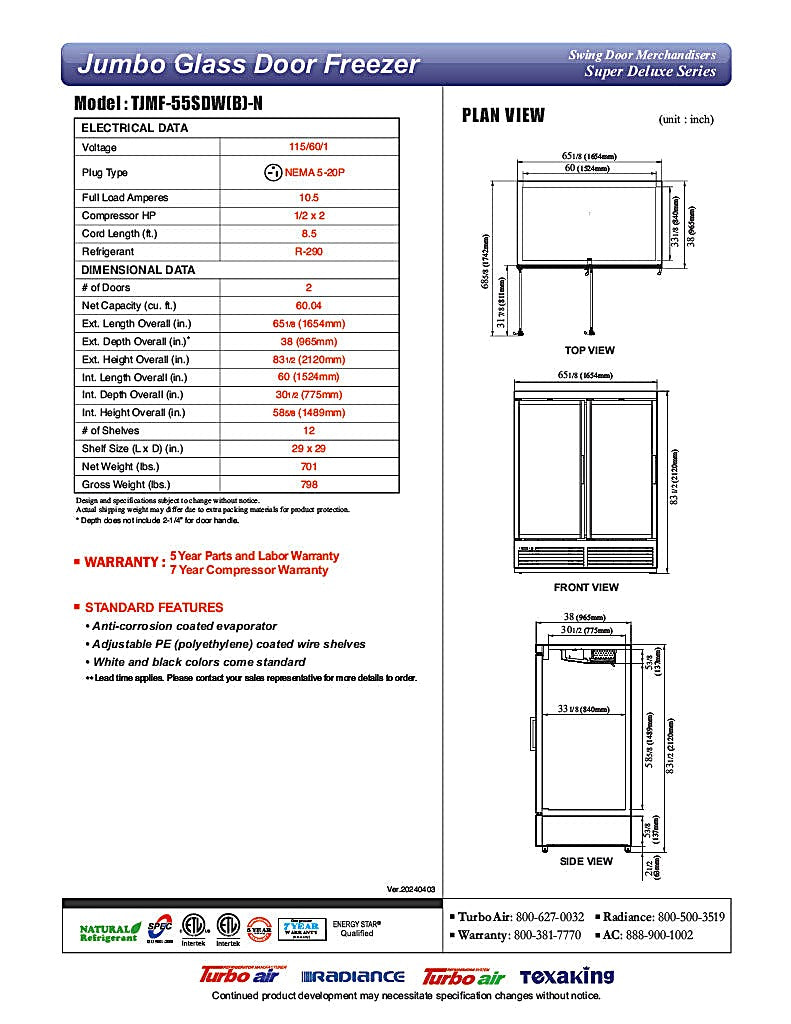 Turbo Air TJMF-55SDB-N 65" Black Super Deluxe Two Section Glass Door Display Freezer – (2) Swing Doors, 115v - Donut-Equipment.com