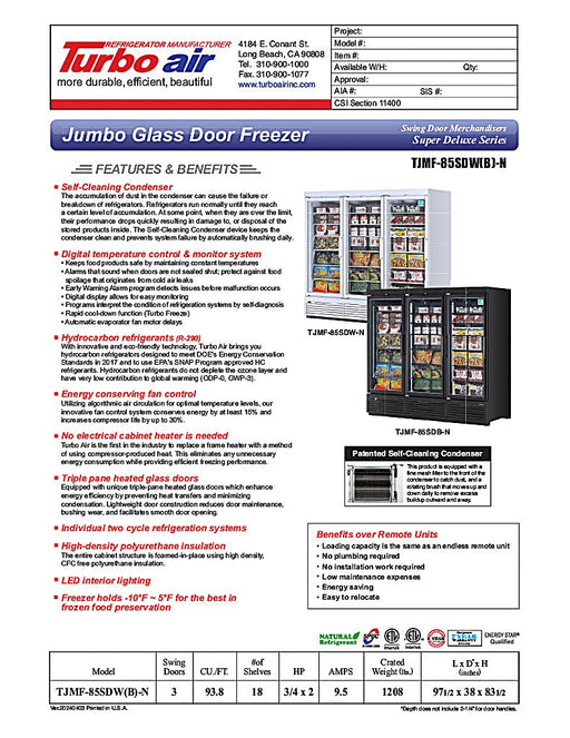 Turbo Air TJMF-85SDB-N 97 1/2" Black Super Deluxe Three Section Glass Door Display Freezer – (3) Swing Doors, 115v - Donut-Equipment.com