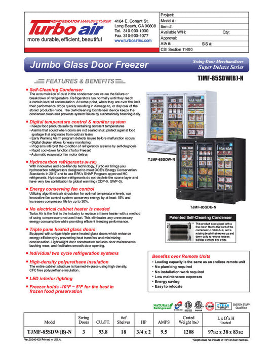 Turbo Air TJMF-85SDW-N 97 1/2" White Super Deluxe Three Section Glass Door Display Freezer – (3) Swing Doors, 115v - Bakery Wholesalers