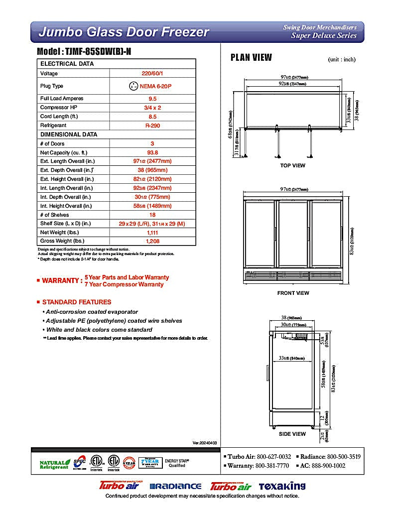 Turbo Air TJMF-85SDB-N 97 1/2" Black Super Deluxe Three Section Glass Door Display Freezer – (3) Swing Doors, 115v - Donut-Equipment.com