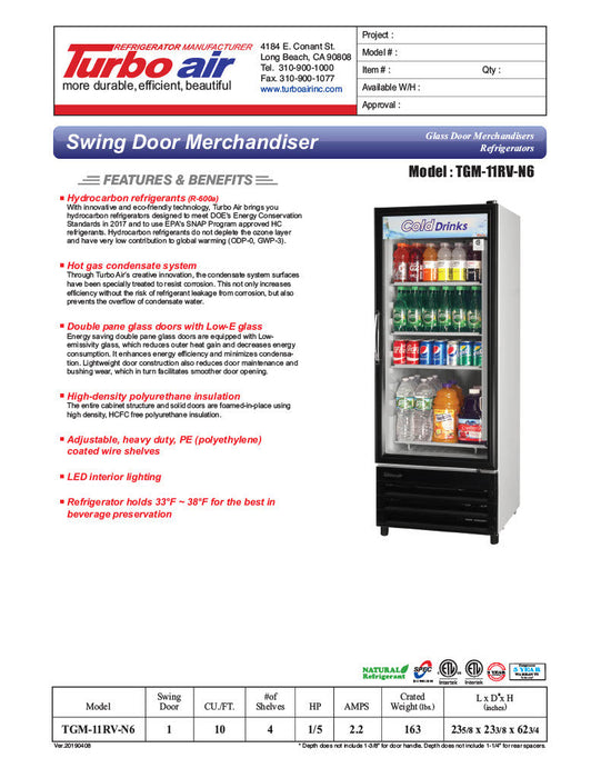 Turbo Air TGM-11RV-N6 24" Refrigerator Merchandiser – One Section, Glass Swing Door, LED Lighting, 115v - Bakery Wholesalers