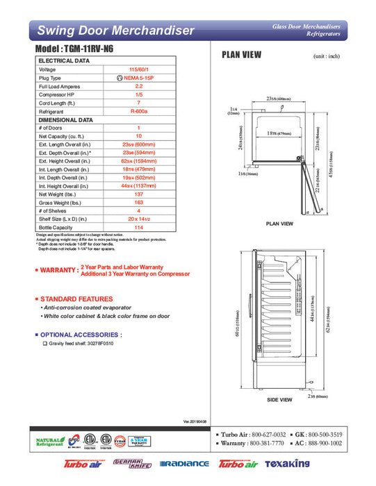 Turbo Air TGM-11RV-N6 24" Refrigerator Merchandiser – One Section, Glass Swing Door, LED Lighting, 115v - Bakery Wholesalers