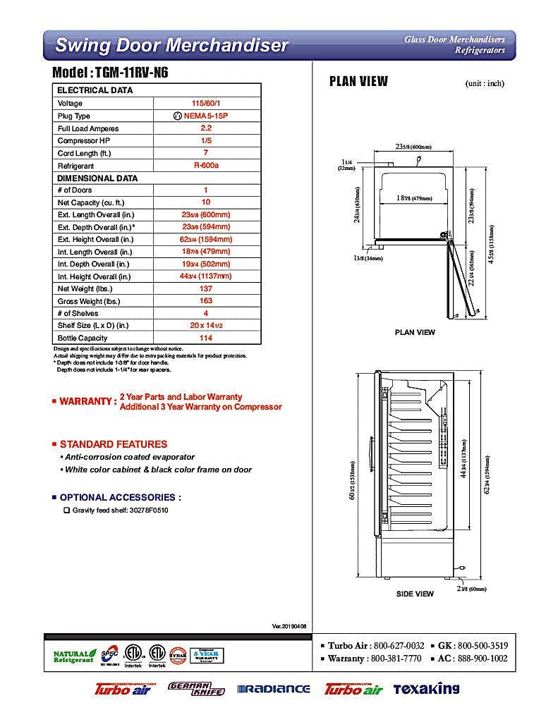 Turbo Air TGM-11RV-N6 24" Refrigerator Merchandiser – One Section, Glass Swing Door, LED Lighting, 115v - Donut-Equipment.com