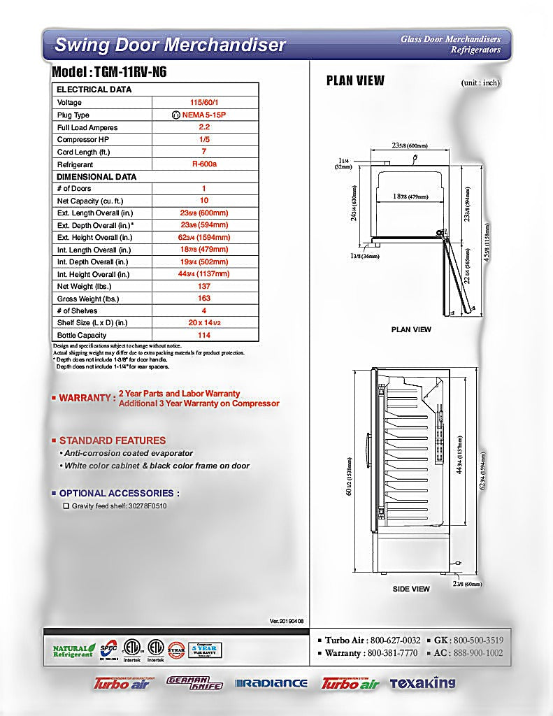 Turbo Air TGM-11RV-N6 24" Refrigerator Merchandiser – One Section, Glass Swing Door, LED Lighting, 115v - Donut-Equipment.com