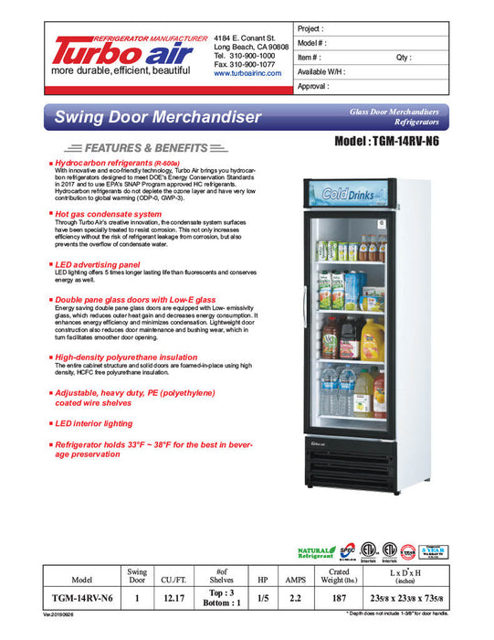 Turbo Air TGM-14RV-N6 24" Glass Door Merchandiser Refrigerator – One Section, Swing Door, LED Interior Lighting, 115v - Bakery Wholesalers