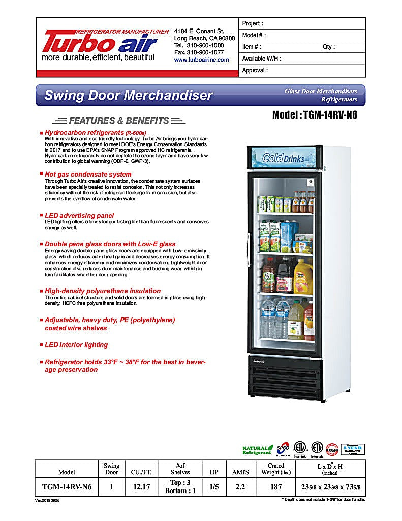 Turbo Air TGM-14RV-N6 24" Glass Door Merchandiser Refrigerator – One Section, Swing Door, LED Interior Lighting, 115v - Donut-Equipment.com
