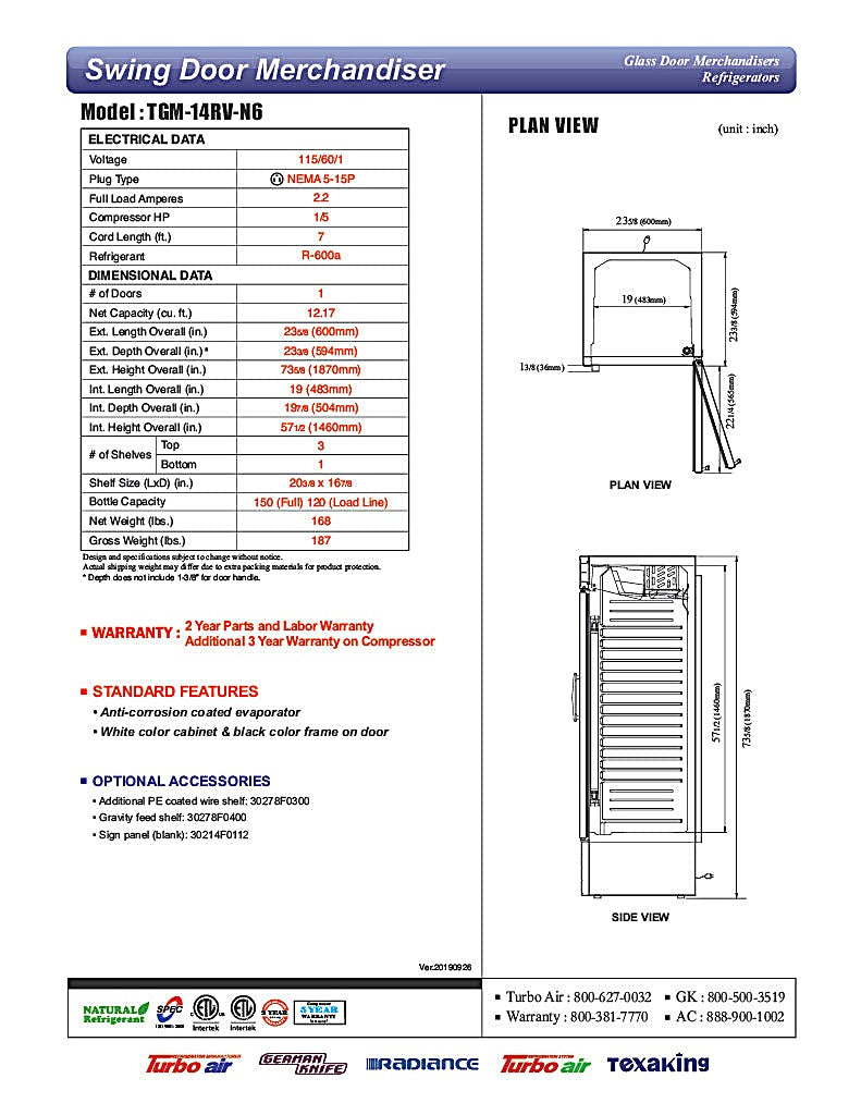 Turbo Air TGM-14RV-N6 24" Glass Door Merchandiser Refrigerator – One Section, Swing Door, LED Interior Lighting, 115v - Donut-Equipment.com