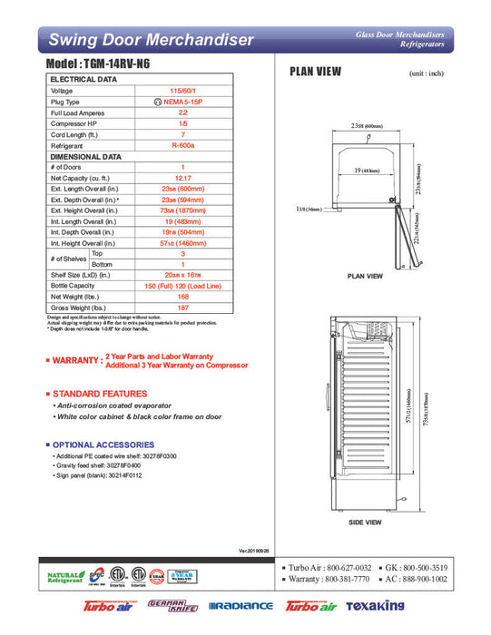 Turbo Air TGM-14RV-N6 24" Glass Door Merchandiser Refrigerator – One Section, Swing Door, LED Interior Lighting, 115v - Bakery Wholesalers