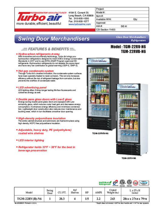 Turbo Air TGM-22RVB-N6 29" TGM Series One Section Glass Door Merchandiser - (1) Right Hinge Door, Black, 115v - Bakery Wholesalers