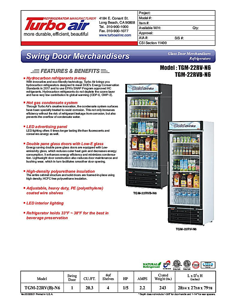 Turbo Air TGM-22RVB-N6 29" TGM Series One Section Glass Door Merchandiser - (1) Right Hinge Door, Black, 115v - Donut-Equipment.com