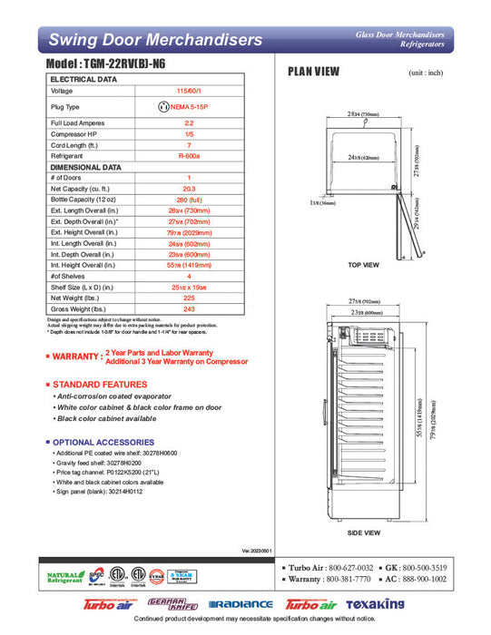 Turbo Air TGM-22RVB-N6 29" TGM Series One Section Glass Door Merchandiser - (1) Right Hinge Door, Black, 115v - Bakery Wholesalers