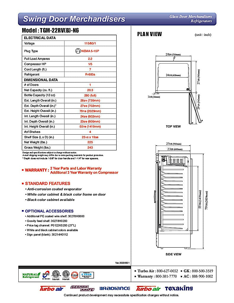 Turbo Air TGM-22RVB-N6 29" TGM Series One Section Glass Door Merchandiser - (1) Right Hinge Door, Black, 115v - Donut-Equipment.com