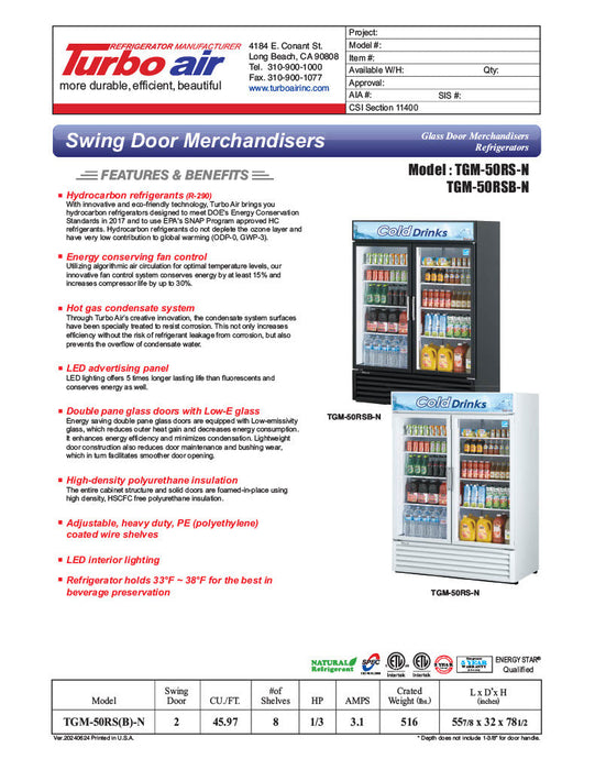 Turbo Air TGM-50RS-N 56" Two Section Glass Door Merchandiser - (2) Left/Right Hinge Doors, White, 115v - Bakery Wholesalers