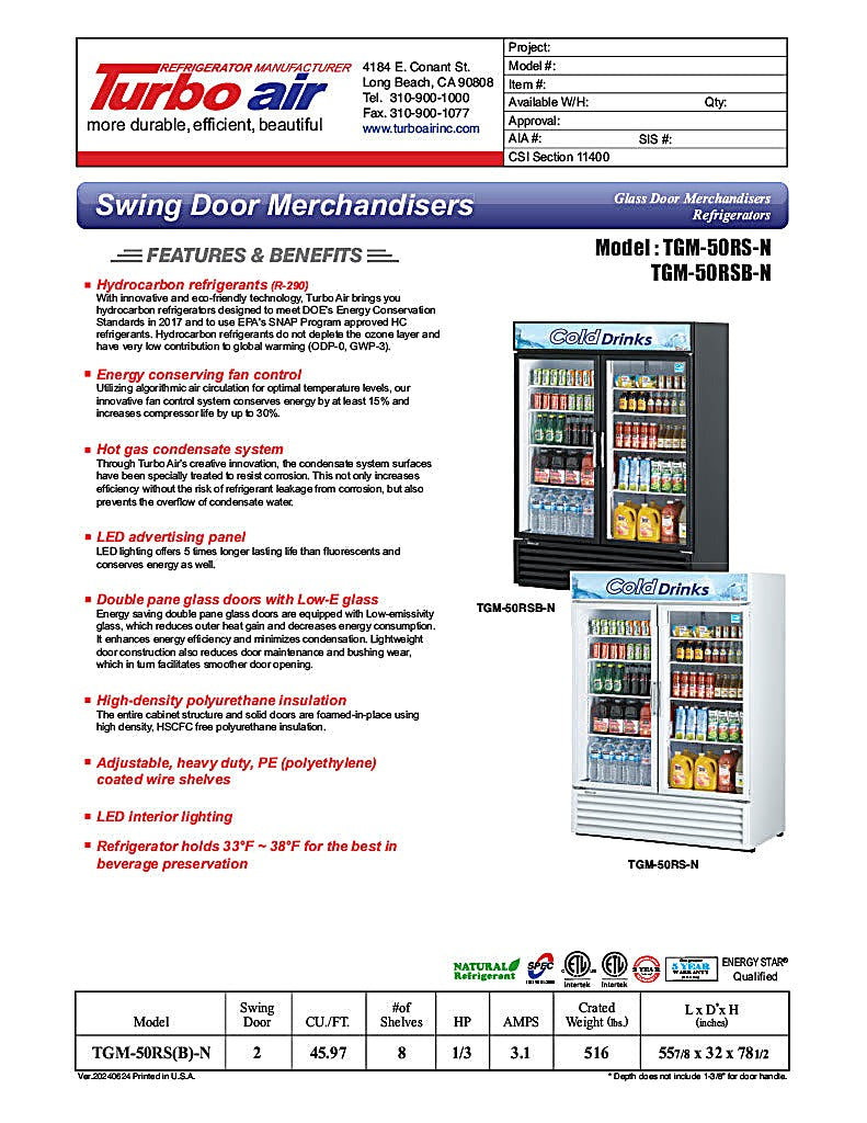 Turbo Air TGM-50RSB-N 56" Series Two Section Glass Door Merchandiser - (2) Left/Right Hinge Doors, Black, 115v - Donut-Equipment.com