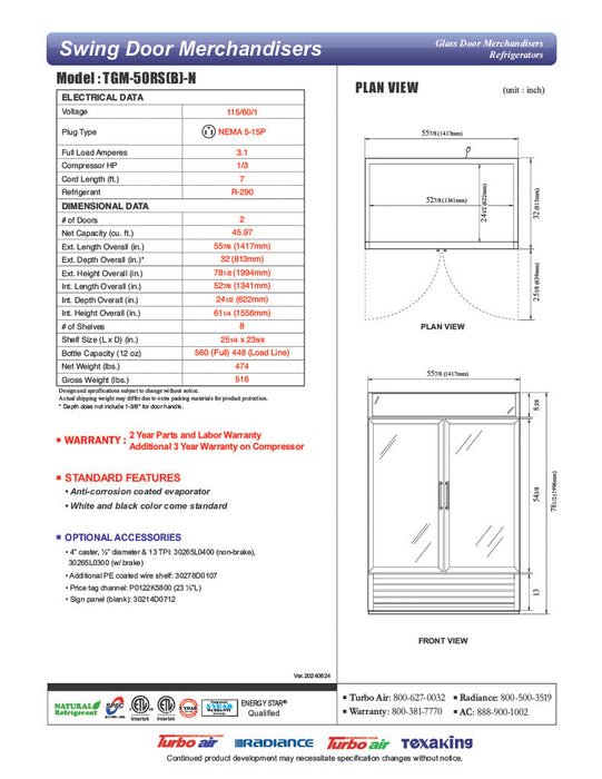 Turbo Air TGM-50RS-N 56" Two Section Glass Door Merchandiser - (2) Left/Right Hinge Doors, White, 115v - Bakery Wholesalers