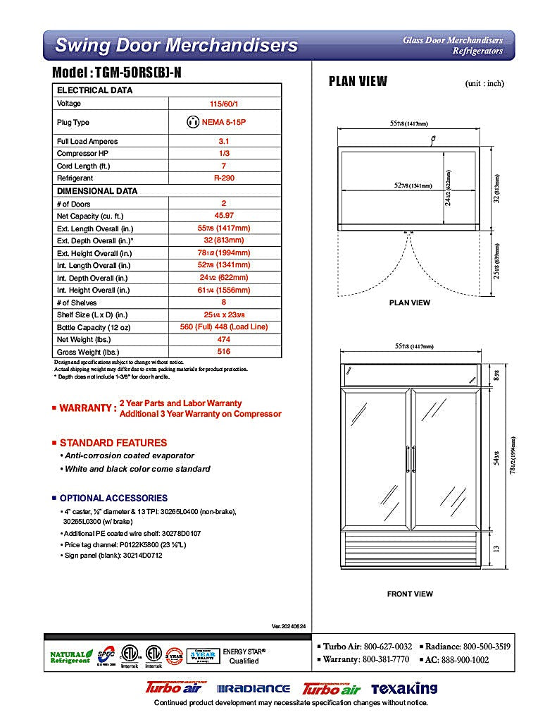 Turbo Air TGM-50RS-N 56" Two Section Glass Door Merchandiser - (2) Left/Right Hinge Doors, White, 115v - Donut-Equipment.com