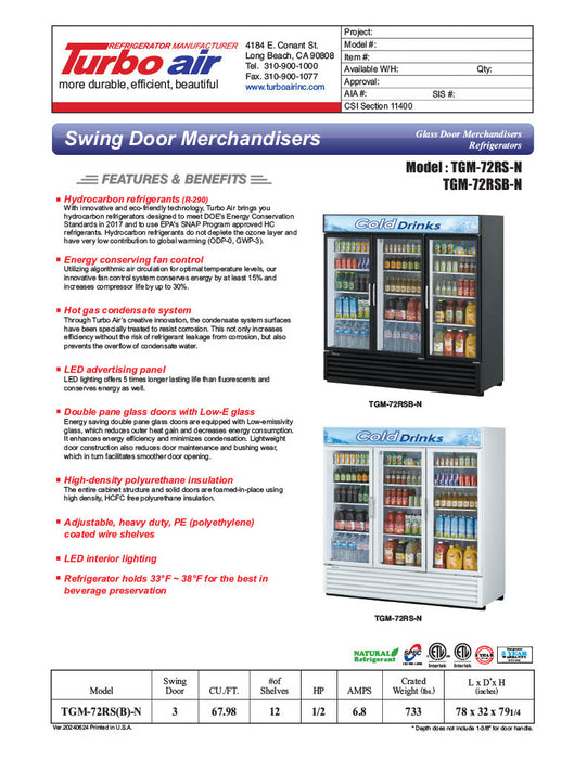 Turbo Air TGM-72RSB-N 78" Series Three Section Glass Door Merchandiser - (3) Left/Right Hinge Doors, Black, 115v - Bakery Wholesalers