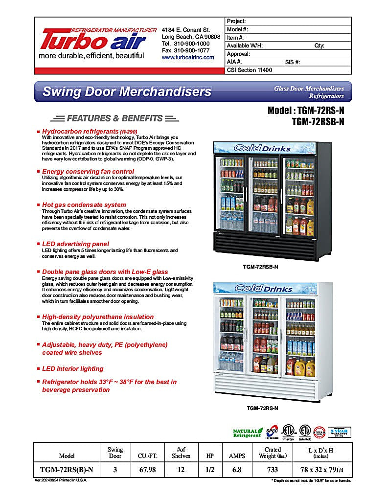 Turbo Air TGM-72RS-N 78" Series Three Section Glass Door Merchandiser - (3) Left/Right Hinge Doors, White, 115v - Donut-Equipment.com