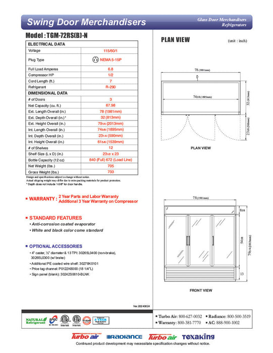 Turbo Air TGM-72RSB-N 78" Series Three Section Glass Door Merchandiser - (3) Left/Right Hinge Doors, Black, 115v - Bakery Wholesalers
