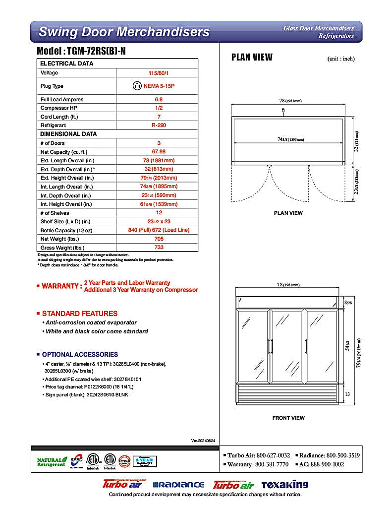 Turbo Air TGM-72RS-N 78" Series Three Section Glass Door Merchandiser - (3) Left/Right Hinge Doors, White, 115v - Donut-Equipment.com