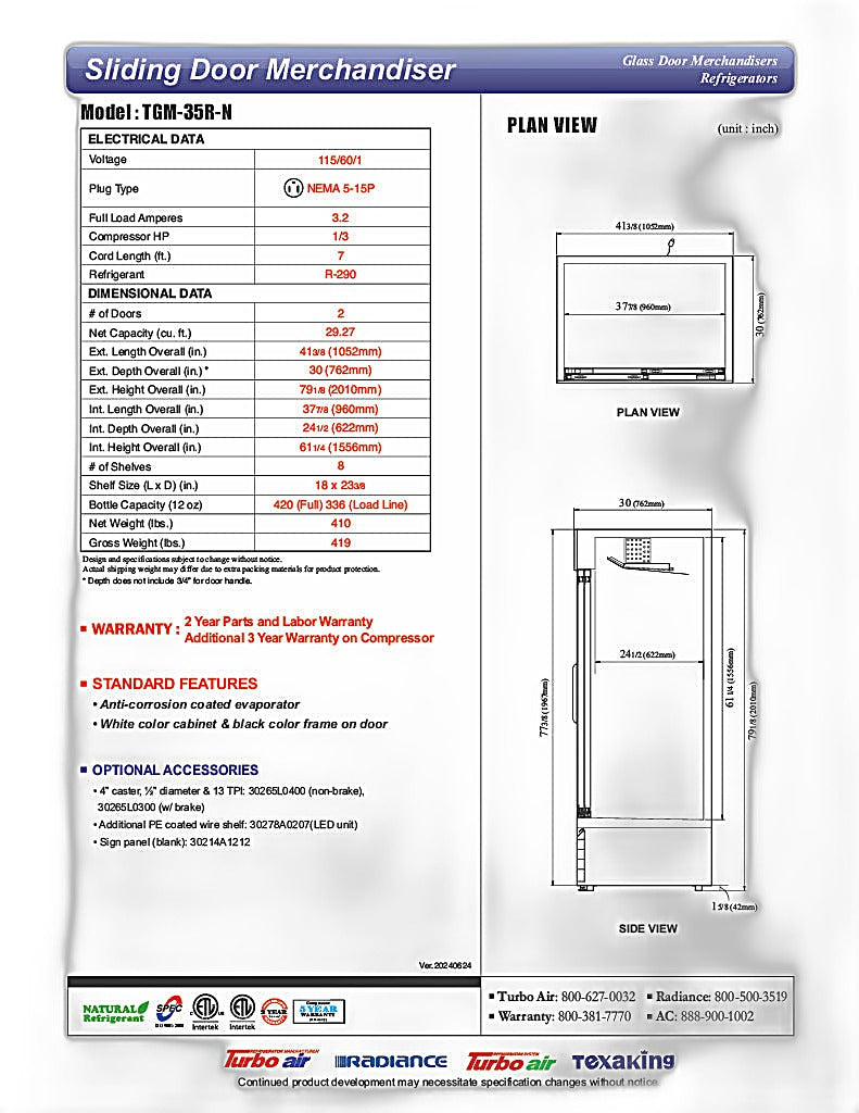 Turbo Air TGM-35R-N 41" Series Two Section Glass Door Merchandiser - (2) Sliding Doors, White, 115v - Donut-Equipment.com