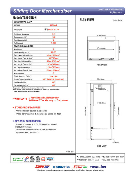 Turbo Air TGM-35R-N 41" Series Two Section Glass Door Merchandiser - (2) Sliding Doors, White, 115v - Bakery Wholesalers