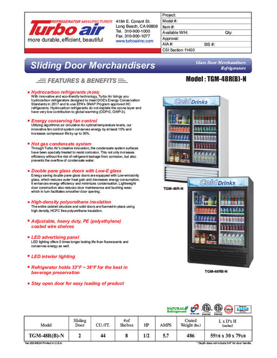 Turbo Air TGM-48RB-N 56" Series Two Section Glass Door Merchandiser - (2) Sliding Doors, Black, 115v - Bakery Wholesalers